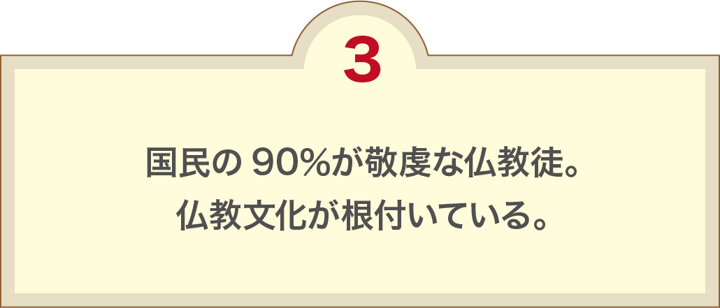 国民の９０％が敬虔な仏教徒。仏教文化が根付いている。